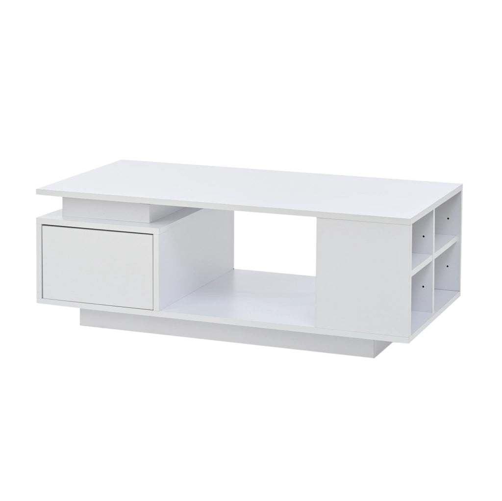 Tavolino da caffè 100x50x36 cm con LED; cassetto e ripiani laterali bianco HAVRYA