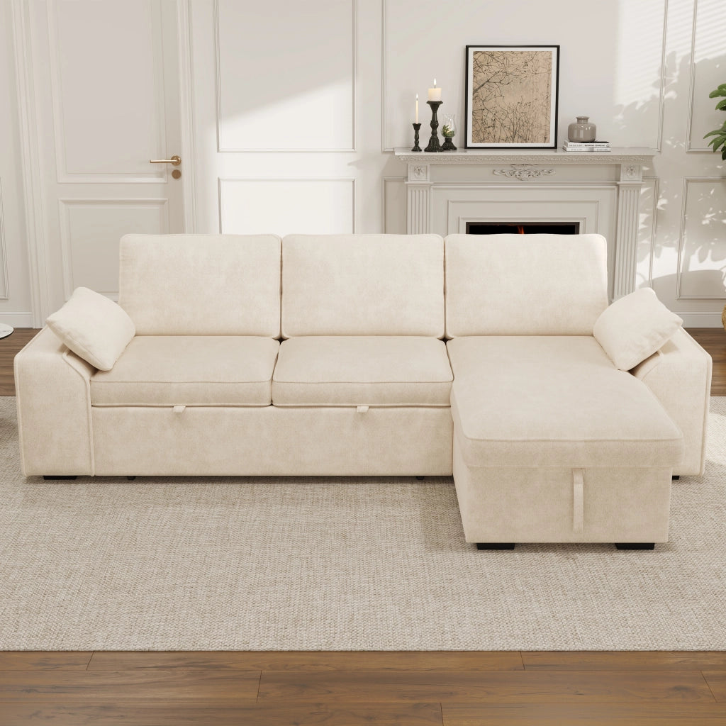 Divano angolare 3 posti in chenille con contenitore, letto estraibile, tavolino con portabicchieri e USB, beige, 237x141x86 cm