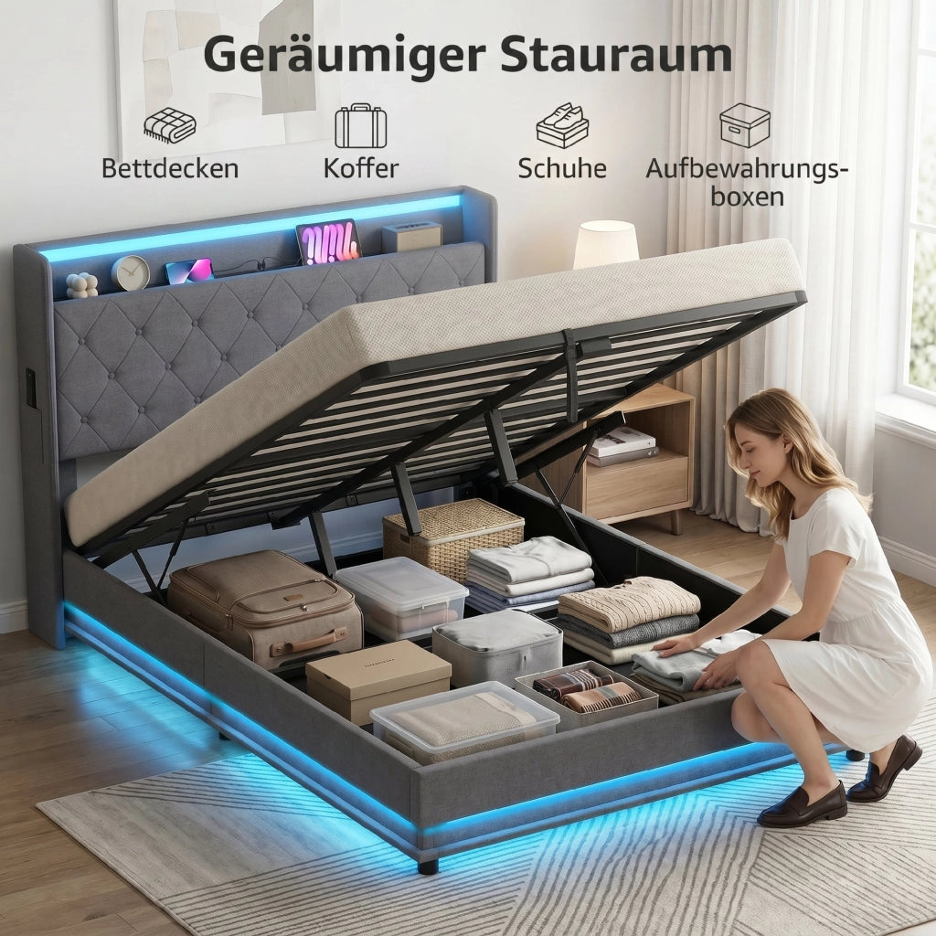 Letto Contenitore Matrimoniale con LED ¨C Zephmum ¨C Grigio 140x200 cm