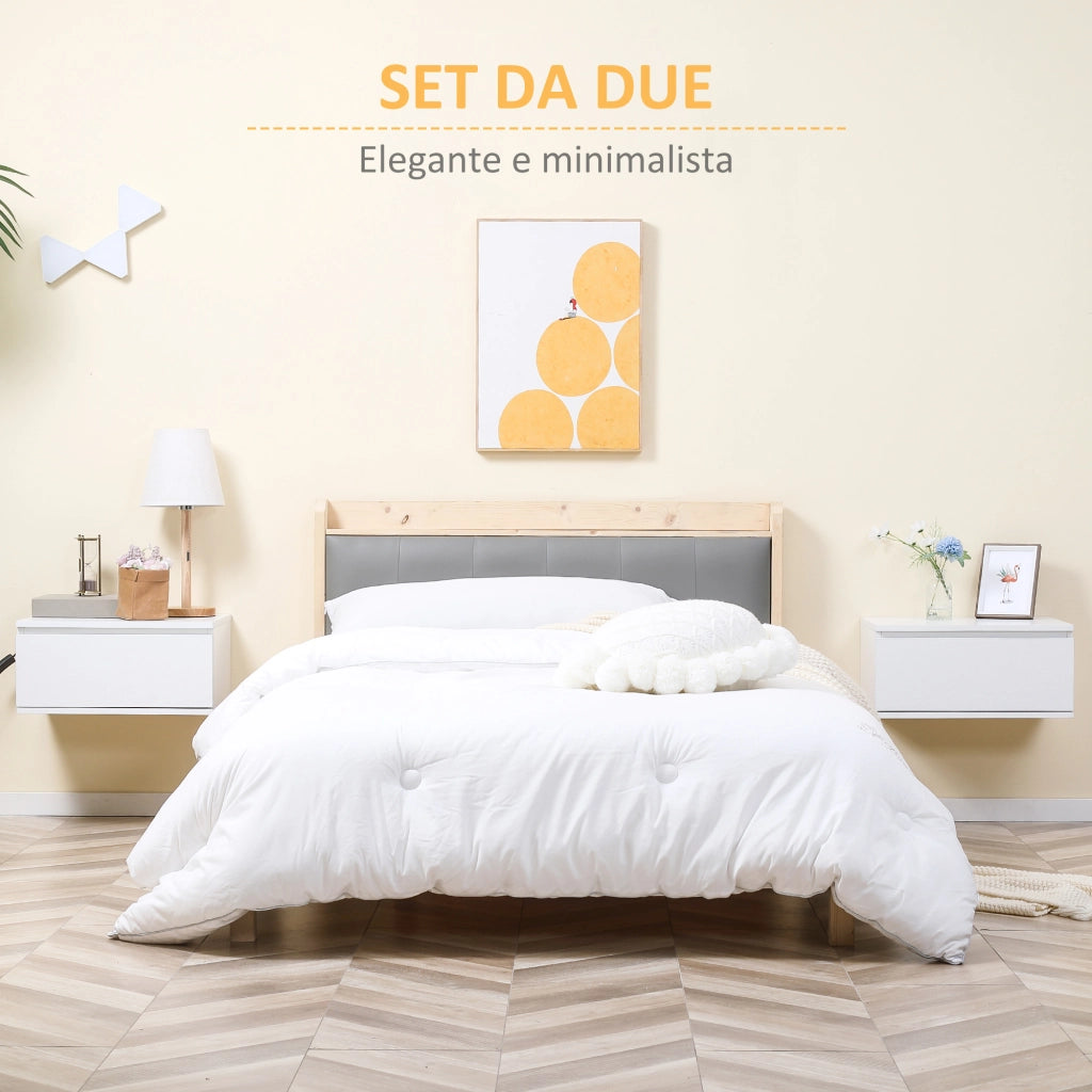 Comodino Set 2 Pezzi con Cassetto e Design Sospeso in Truciolato e MDF, 49x38x23 cm, Bianco