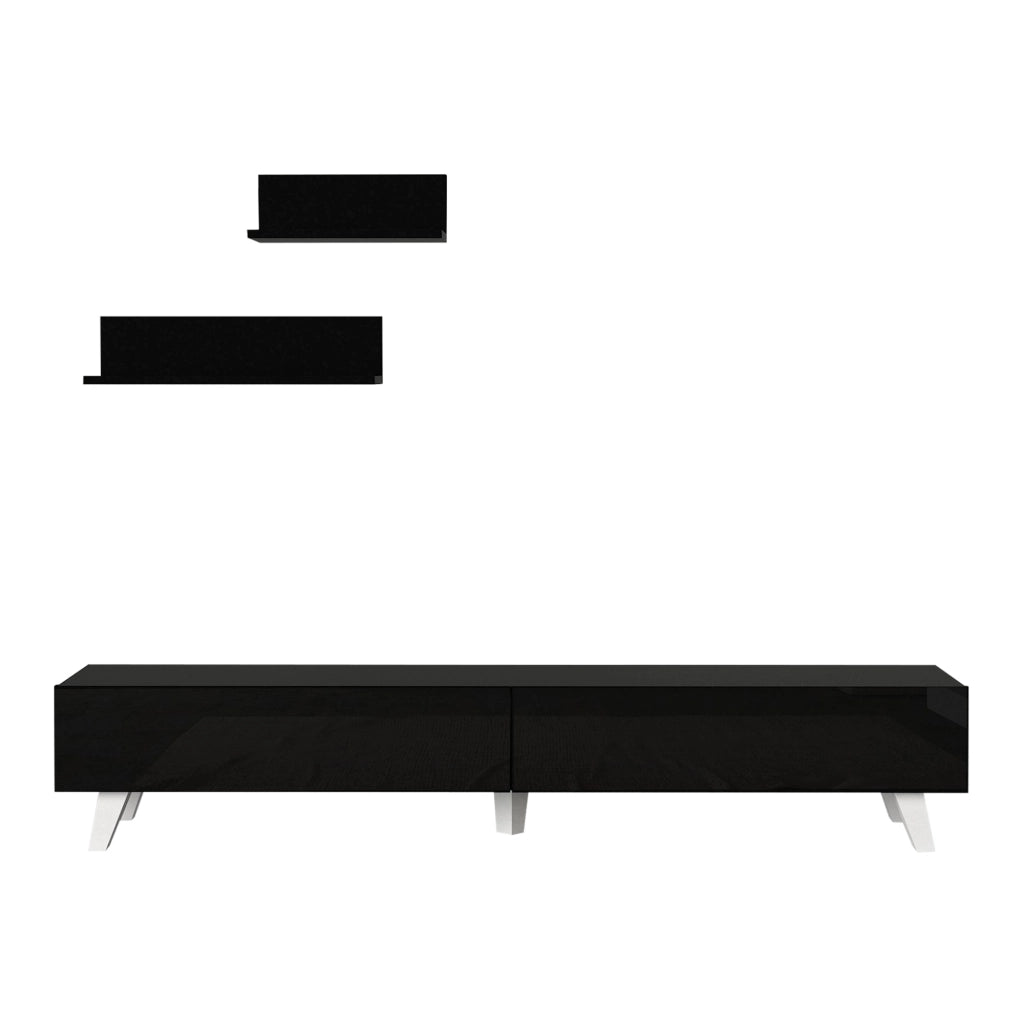 Set di Mobile TV e 2 Mensole da Muro Armadietto Porta TV 180 cm con 2 Ante a Ribalta e Mensole a Forma di L Lunghezze Diverse - Nero [en.casa]