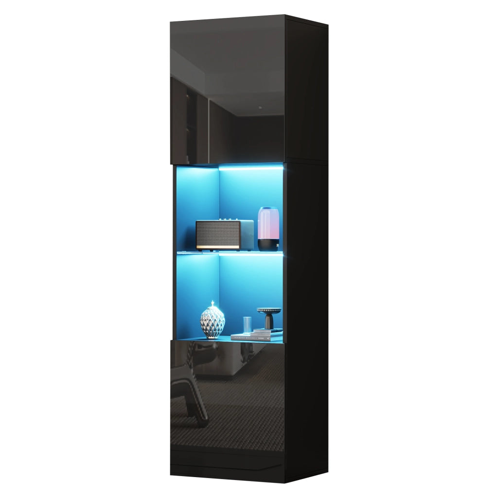 Vetrina a LED nera lucida - Zephmum- 45x35x160 cm- 1 ripiano in vetro