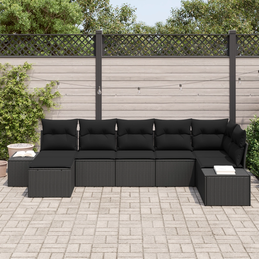 Set di divani da giardino a 7 pezzi con cuscini in polirattan nero