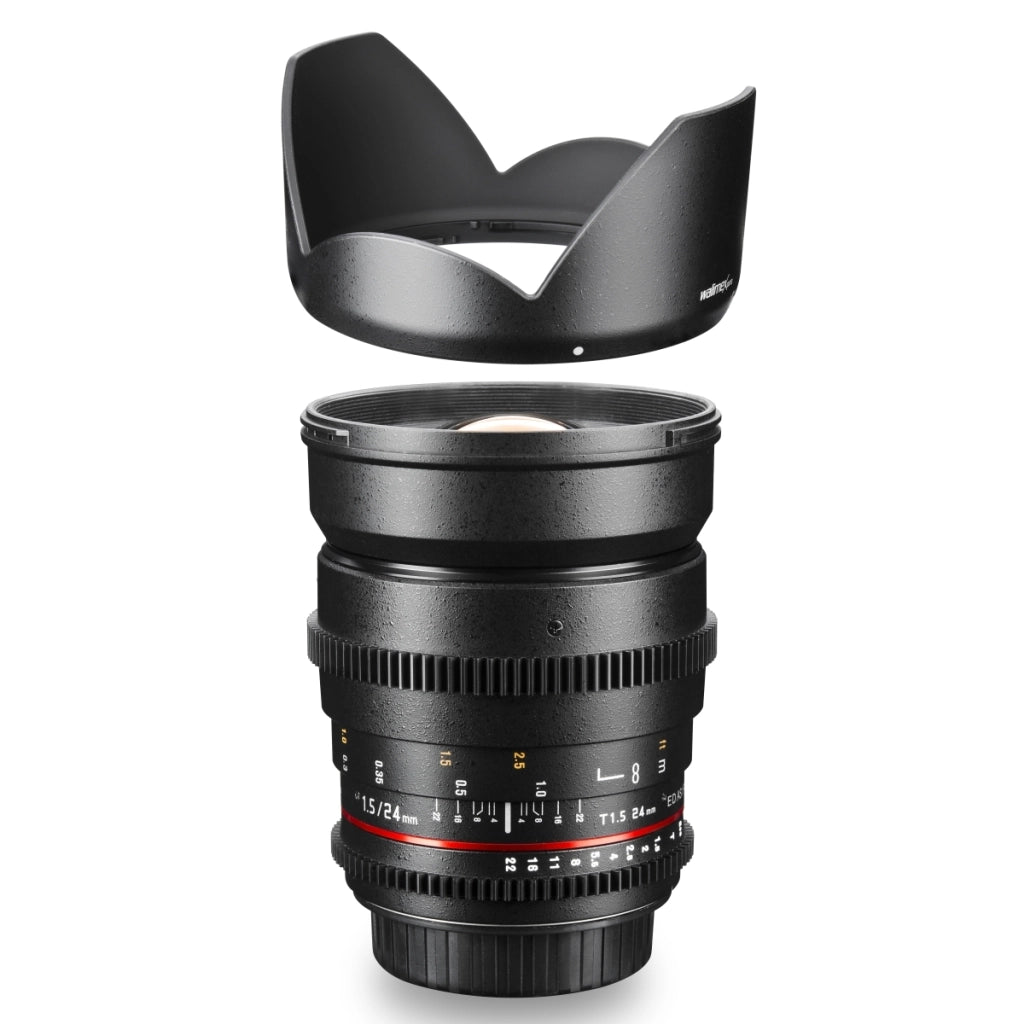 Walimex Pro Obiettivo fotografico e video VDSLR 24 mm 1:1.5 (incl. filettatura filtro 77 mm, paraluce, ghiera, apertura e messa a fuoco continua) per obiettivo Nikon F baionetta nera