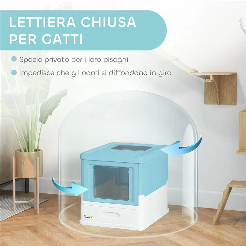 LETTIERA PER GATTI CHIUSA CON PALETTA, VASSOIO ESTRAIBILE E 2 PORTE, 47.5X35.5X36.7CM, AZZURRO