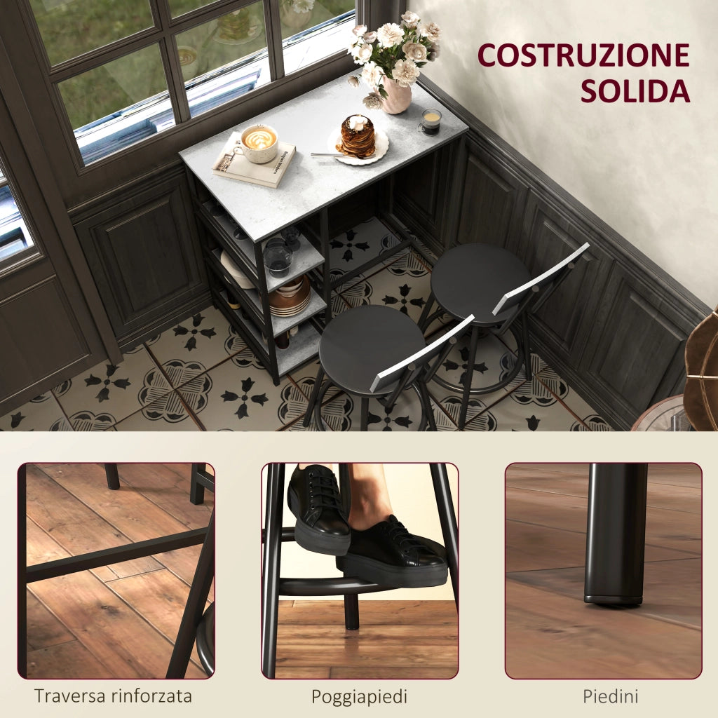 Set da Pranzo 3 Pezzi con Bancone Bar con Ripiani e 2 Sedie Alte con Schienale, Grigio Chiaro