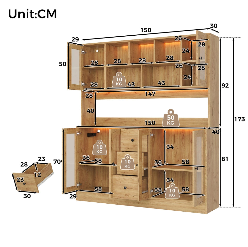 Mobile cucina ULEVR 150x40x173 cm con LED RGB, prese e USB, 3 cassetti e ripiani regolabili, naturale