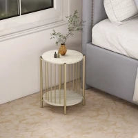 Tavolino Rotondo a 2 Piani con Ripiano di Stoccaggio e Struttura in Acciaio per Soggiorno Camera da Letto Ø41x49 cm Legno Naturale