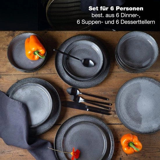 Set da tavola per 6 persone, servizio da tavola in ceramica, 6 piatti, 6 zupperi, 6 piatti da colazione, colore antracite