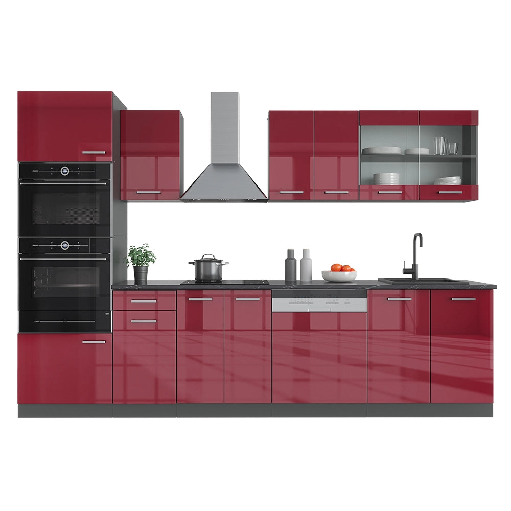 Vicco Cucina componibile Rosso lucido/antracite 300 cm con armadio alto, PL Marmo
