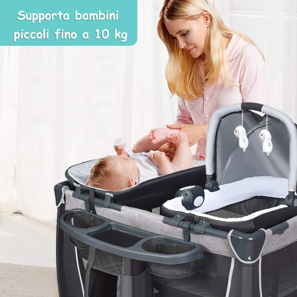4 in 1 Lettino Neonato da Viaggio Pieghevole con Materasso, Culla da Campeggio con Fasciatoio e Giocattolo, per Bambini 0-36 Mesi fino a 15 kg (Grigio Scuro)