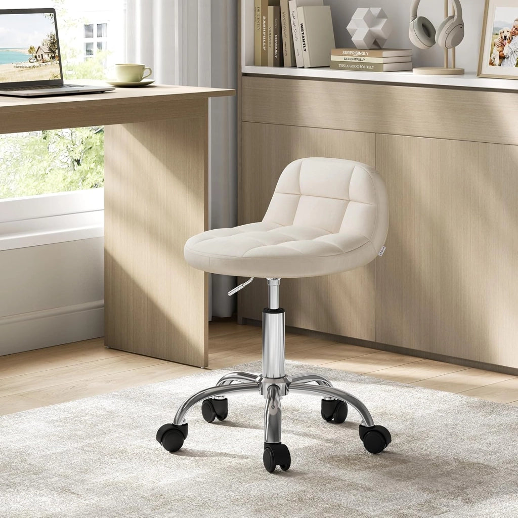 Sgabello con Ruote, Sedia da Trucco, Altezza Regolabile per Estetista Parrucchiere, Tattoo Studio e Salone, Velluto, Crema