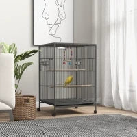 Gabbia per Uccelli in Acciaio e PP con 5 Porte, 2 Posatoi e Vassoio Estraibile, 48x46x74 cm, Grigio