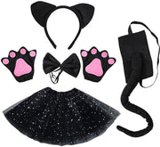 Set di costume per bambine - 5 pezzi - Tutu/Rok - Orecchie di gatto - Cappello farfalla - Guanti di gatto - Materiale morbido Pluche/Polyester