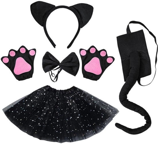 Set di costume per bambine - 5 pezzi - Tutu/Rok - Orecchie di gatto - Cappello farfalla - Guanti di gatto - Materiale morbido Pluche/Polyester