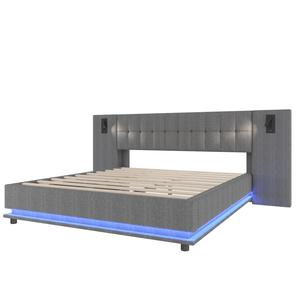 Letto imbottito 180x200 cm con LED; spot e USB in lino grigio