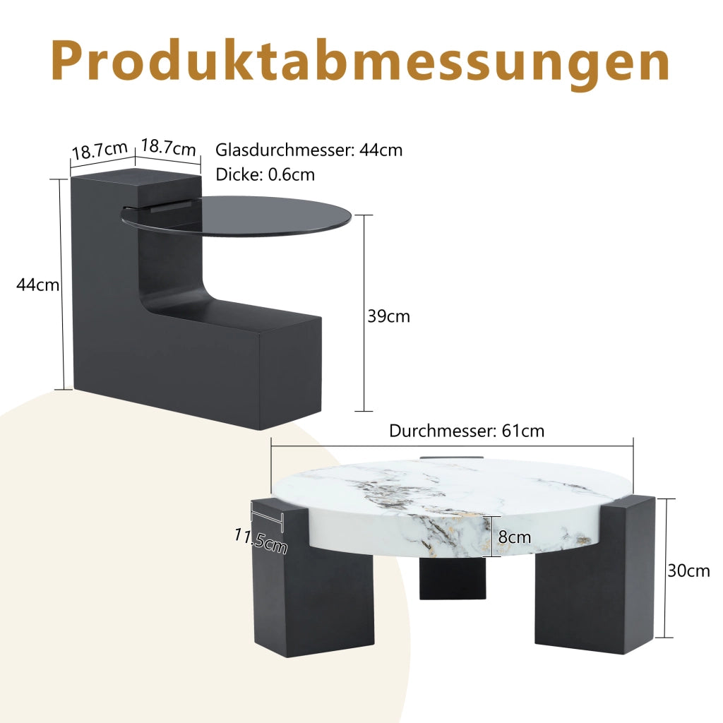 TAVOLINO DA SALOTTO Set da 2 pezzi Ø61/44 cm MDF bianco effetto marmo e nero