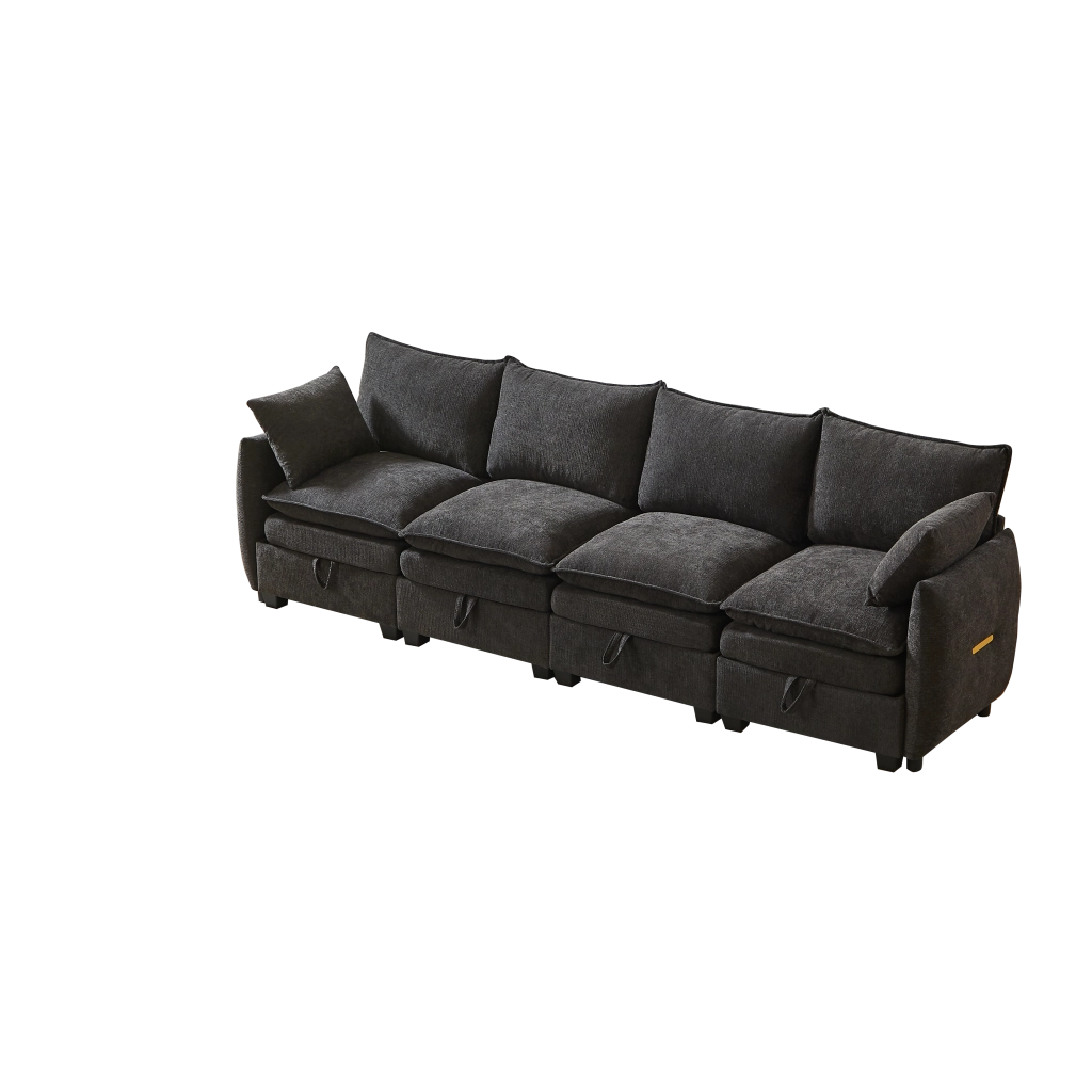 Divano U Modulare con Contenitore ¨C MINIMAL ¨C Chenille, Cuscini, Poggiapiedi, Legno Massello