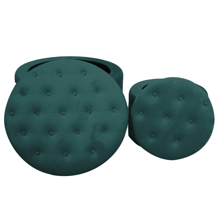 Set 2 Pouf Contenitore Ø50 cm e Ø70 cm in Tessuto Velluto Verde Salvia