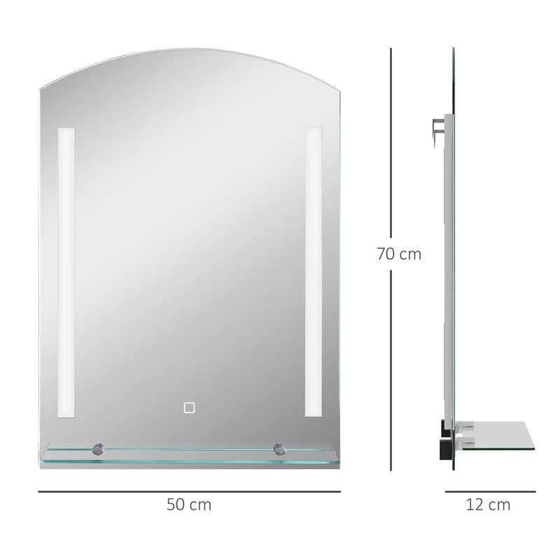 SPECCHIO PER BAGNO CON LUCE LED REGOLABILE A 3 COLORI E MENSOLA IN VETRO 50X12X70 CM ARGENTO