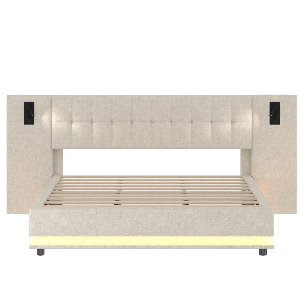 Letto imbottito matrimoniale 180×200 cm con LED regolabile; testiera con luce e USB; senza materasso; beige