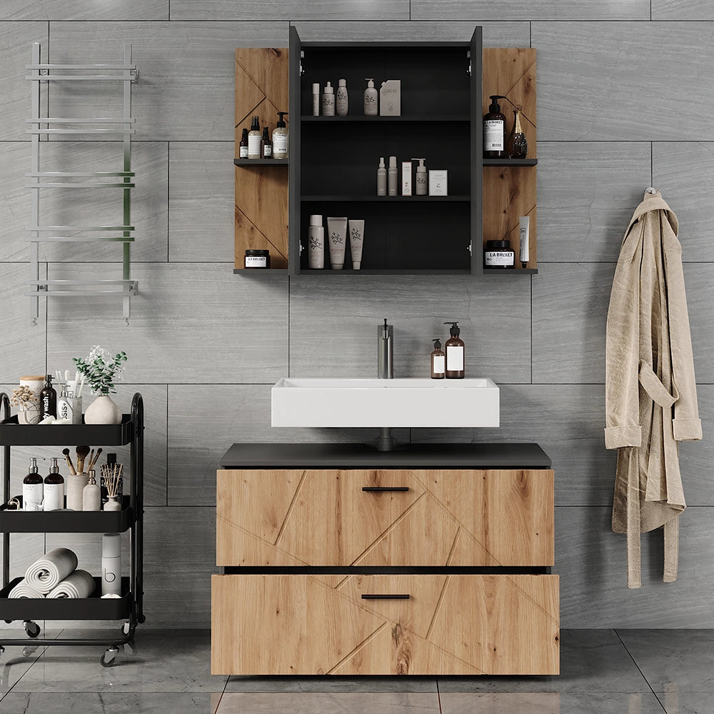 Set di mobili da bagno Irma Antracite/Rovere dorato 2 parti Vicco