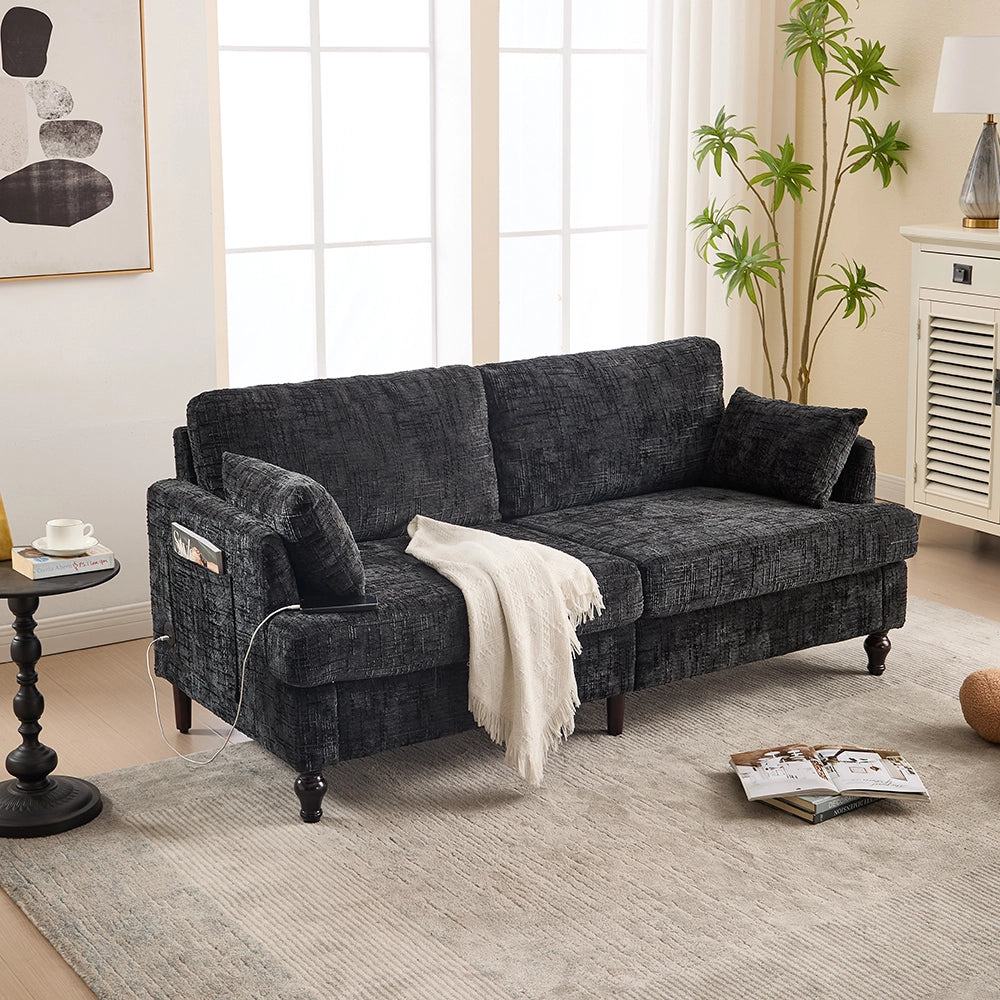 Divano moderno - Xylo - 2 posti in chenille con piedi legno, LED, USB e vano portaoggetti