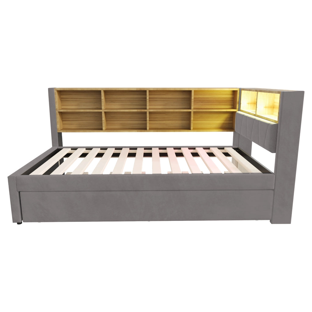 OKWISH Letto Divano Estraibile 90×200 cm, Letto 2 Posti con LED, USB, Tipo C e Prese, Scomparti, senza Materasso, Flanella, Grigio Scuro