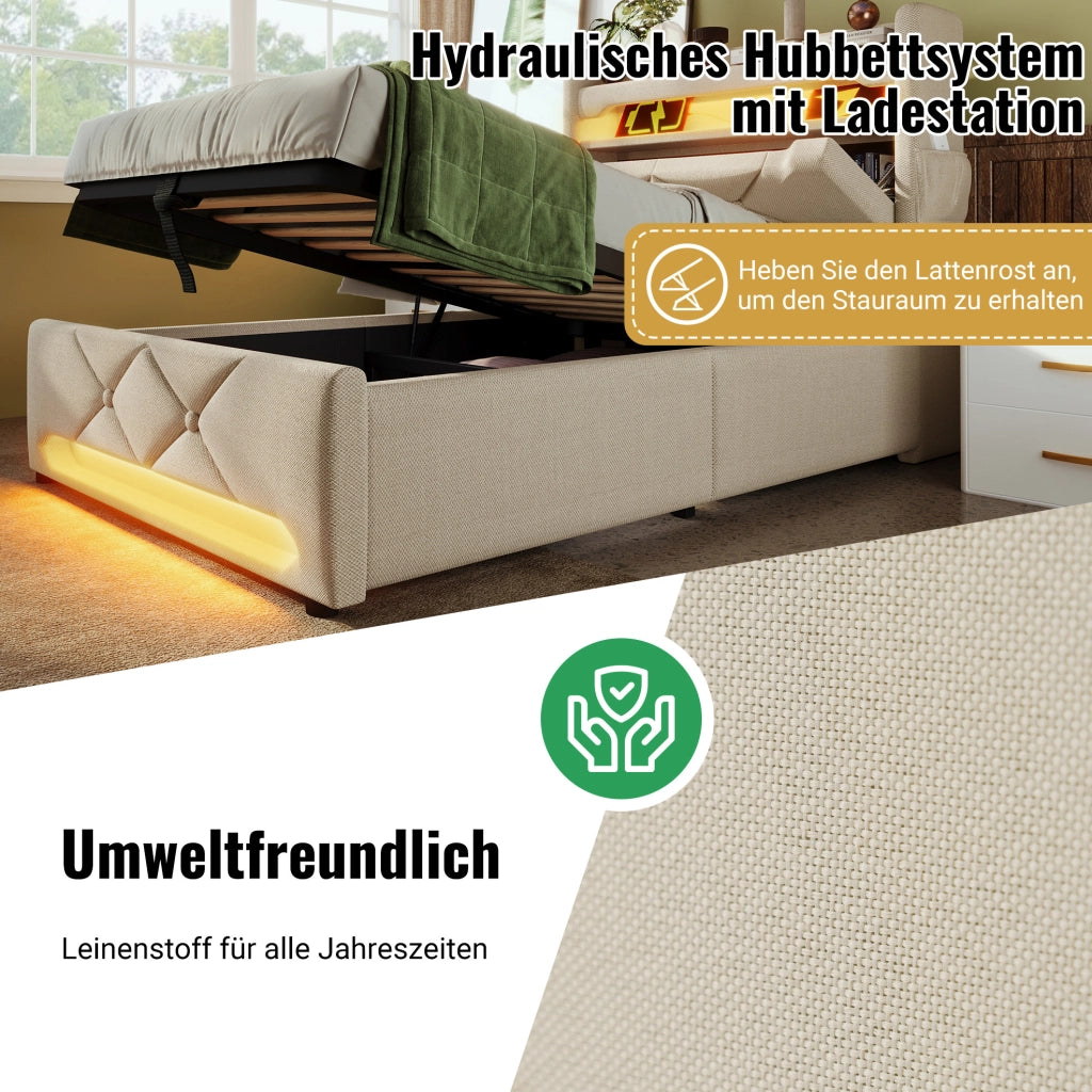Letto matrimoniale 140x190 cm con LED, USB-C e contenitore beige