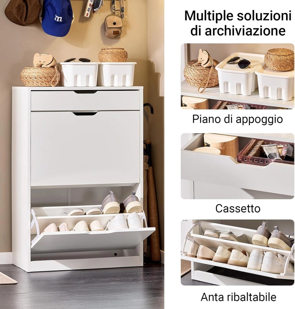 Scarpiera Salvaspazio Slim con Cassetto, Scarpiera Bianca, Moderna e Pratica, Facile da Montare, Ideale per Spazi Ridotti - Bianco, 60x30x90 cm - Modello FSR180-W
