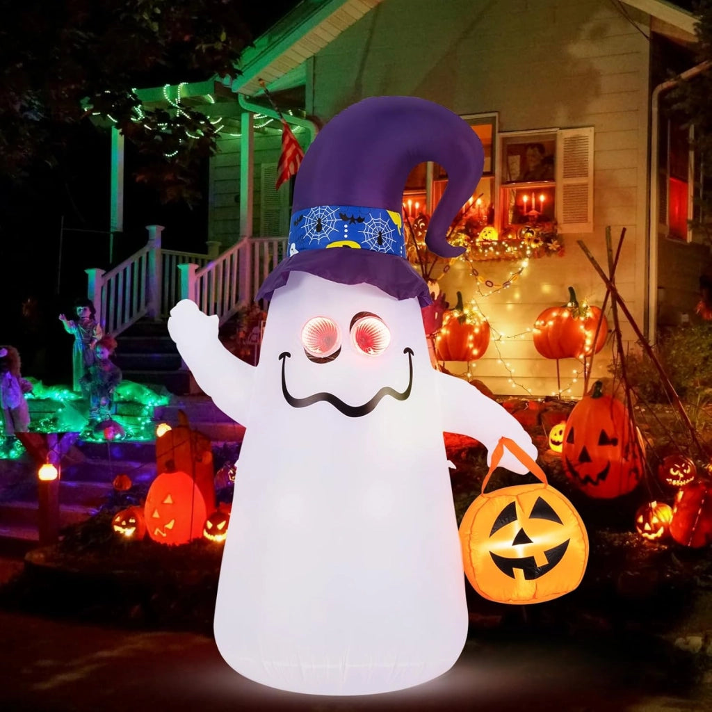 Fantasma Gonfiabile per Halloween 180 cm, con Lanterna di Zucca e Cappello da Mago, Decorazione Gonfiabile per Halloween con Luci LED e Soffiatore Incorporato, per Cortile, Prato e Feste