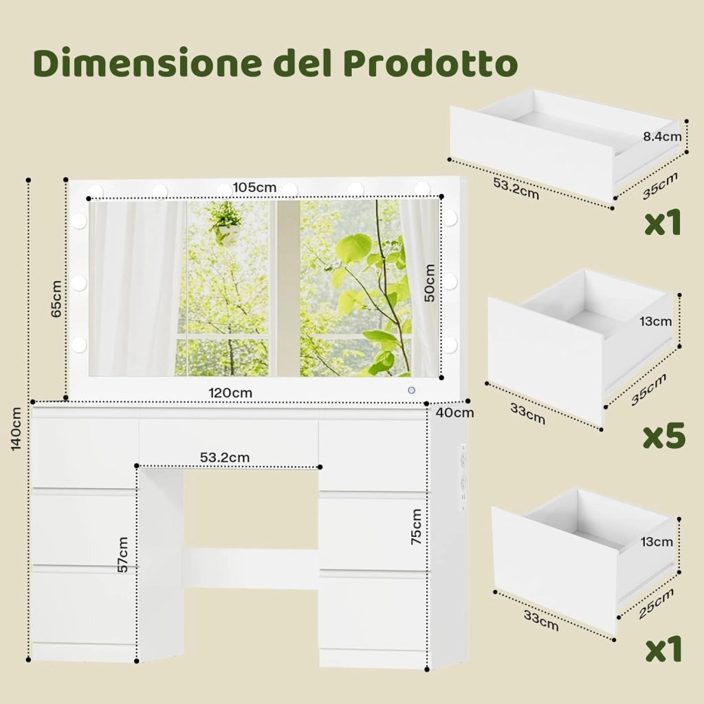 Toeletta da Trucco con Luci e Prese, Luminosità Regolabile,Postazione Trucco,Tavolo da Trucco con Specchio Grande,7 Cassetti,Moderno, Bianco