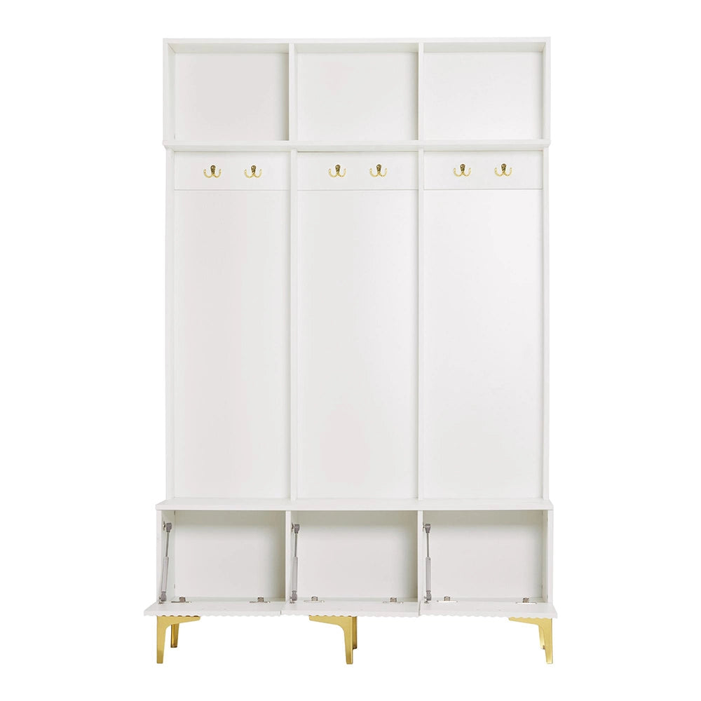 Vestiaire con panchina - Xylo - L120xP235xH1915 - Bianco - 6 ganci, gambe dorate, multifunzionale