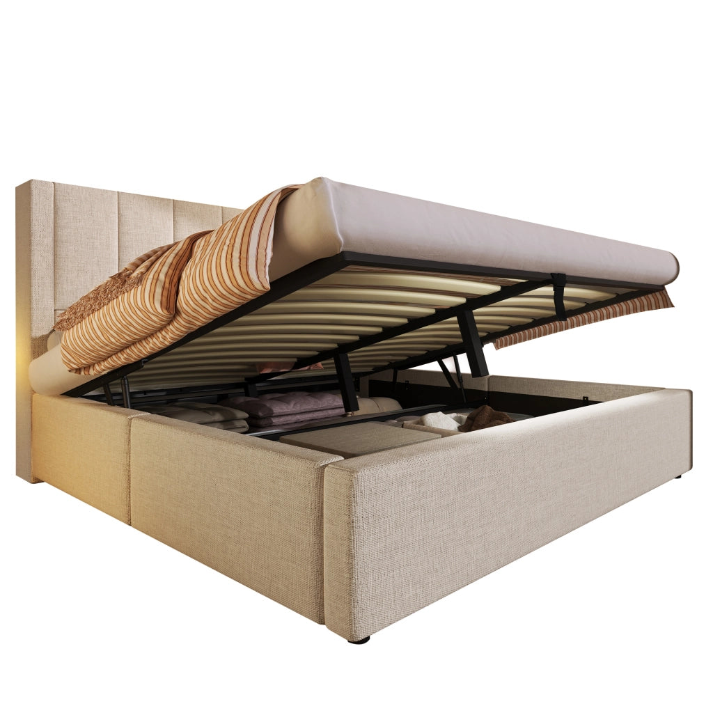 Letto matrimoniale imbottito 160x200 cm con contenitore, presa USB e portabicchieri