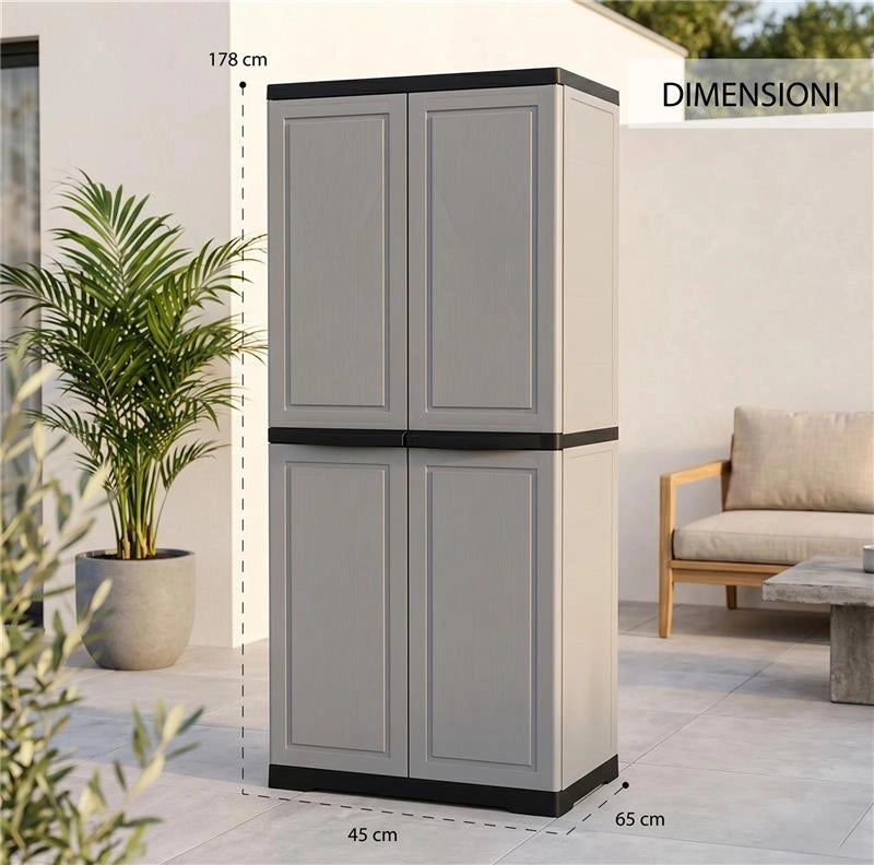 ARMADIO SLIM FOTINCISO IN RESINA CON PORTASCOPE, RIPIANI E PREDISPOSIZIONE LUCCHETTO - COLORE GRIGIO DIMENSIONE 65X45X178H CM