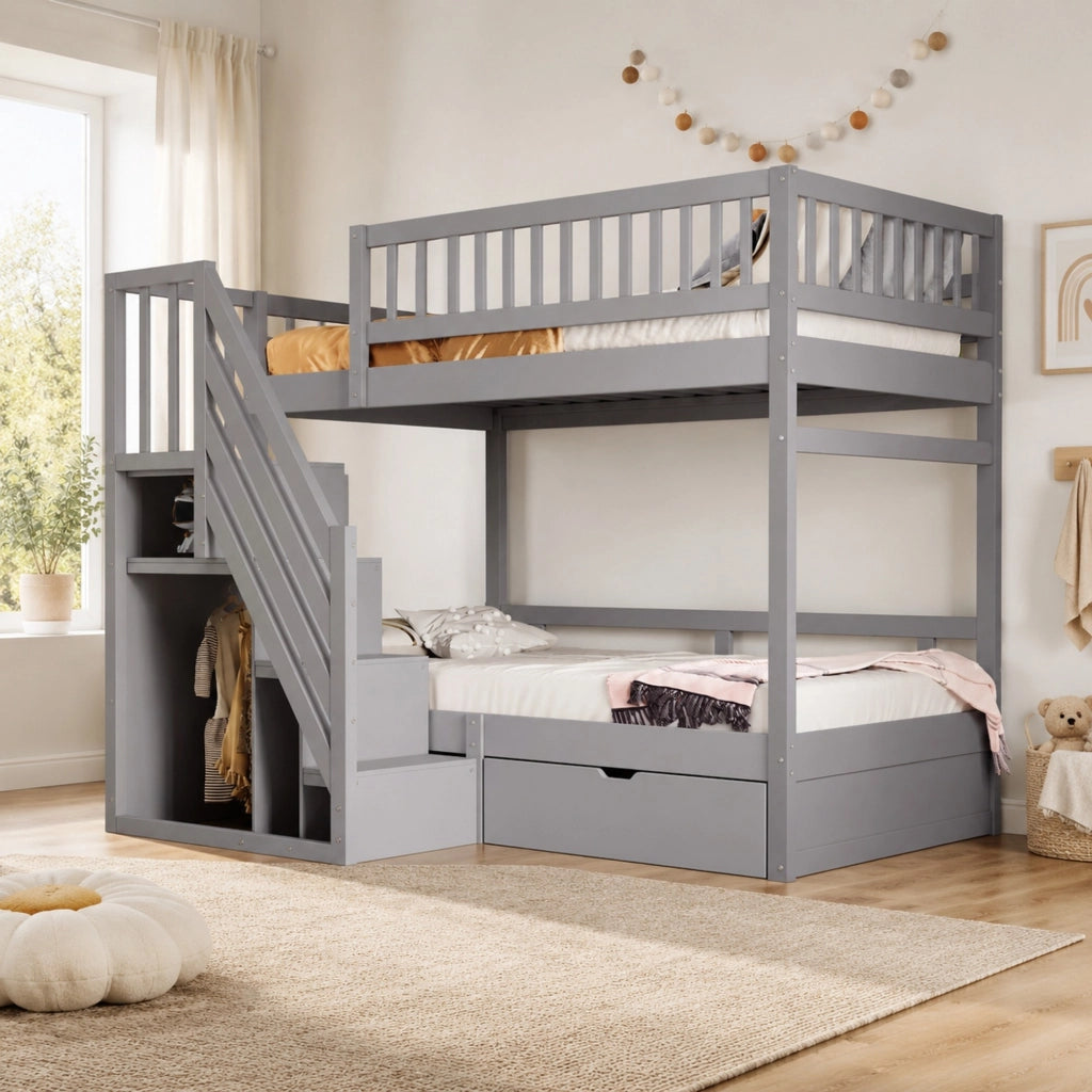 Letto a castello 90x200 cm con scale contenitore e cassetti; grigio
