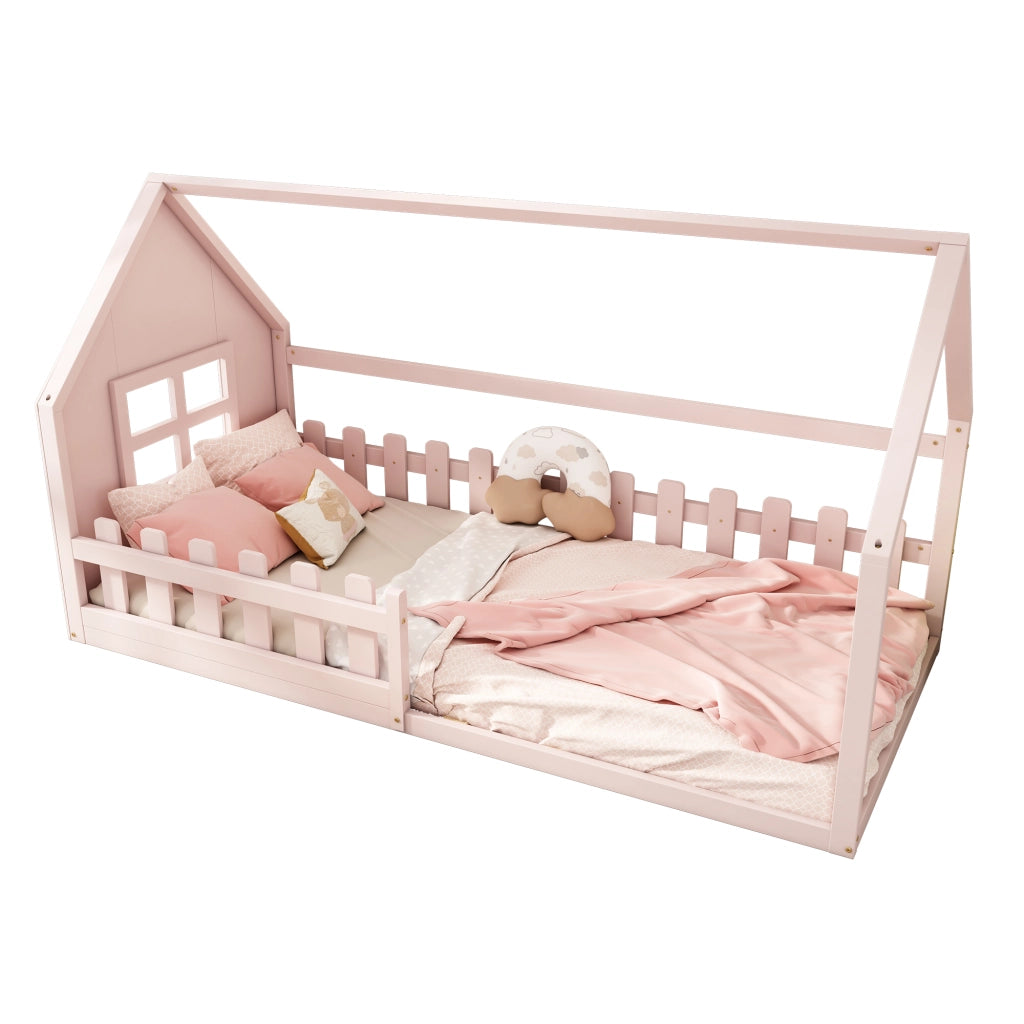 Letto a forma di casa rosa in pino e MDF 90x200 cm