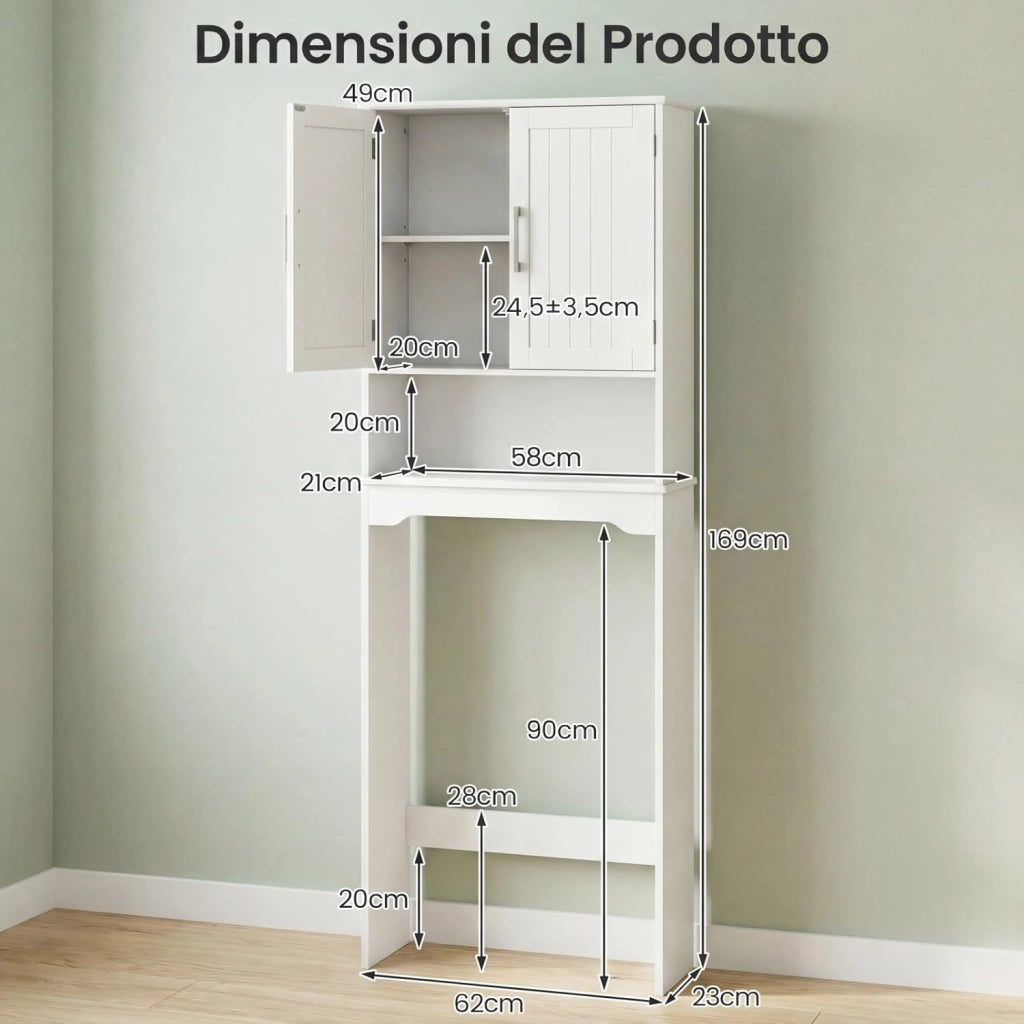 Mobile da Bagno Sopra WC 169 cm, Scaffale Salvaspazio con Doppie Ante e Ripiano Regolabile, Mobiletto Moderno in Legno per Bagni Piccoli e Lavenderia, 62 x 23 x 169 cm