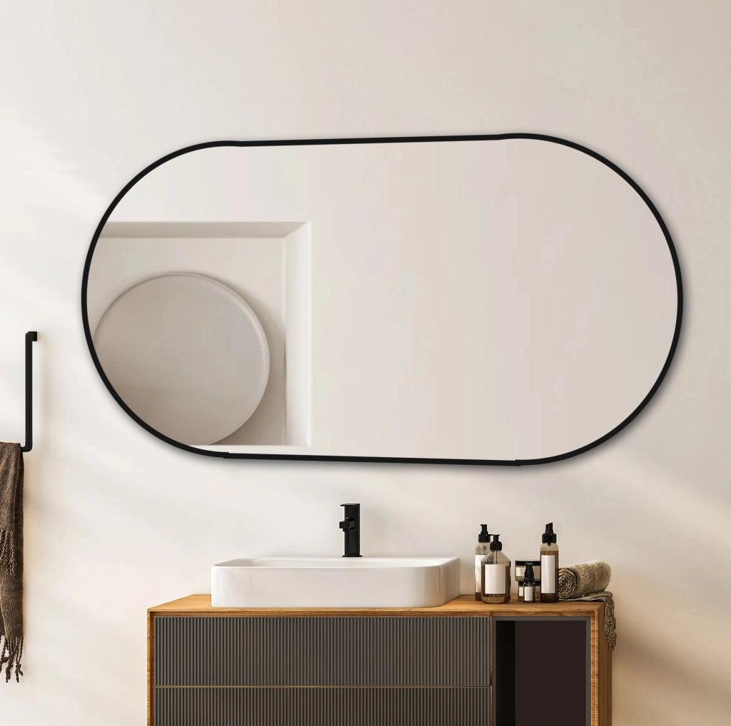 Specchio da parete ad arco 60x120 cm, cornice in alluminio nero per bagno e ingresso