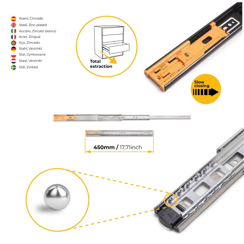 Set di guide a sfere per cassetti con estrazione totale e chiusura soft, altezza 45 mm, lunghezza 500 mm, Acciaio, Zin..