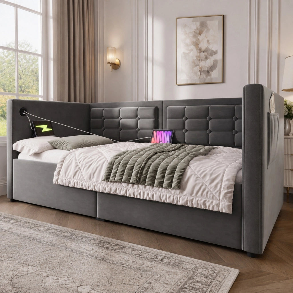 Letto divano 90x200 cm in velluto grigio con contenitore idraulico, USB e Type-C