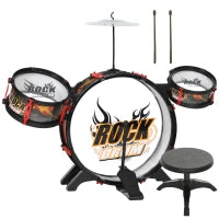 Set Batteria Giocattolo per Bambini con Sgabello, Gioco Musicale per Bambini 3-6 Anni, Nero
