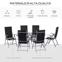 Set Mobili da Giardino un Tavolo con 6 Sedie Pieghevoli Schienale Reclinabile a 7 Livelli Struttura Verniciata a Polvere Antiruggine Nero  Argento Alluminio Tessuto a Rete Vetro
