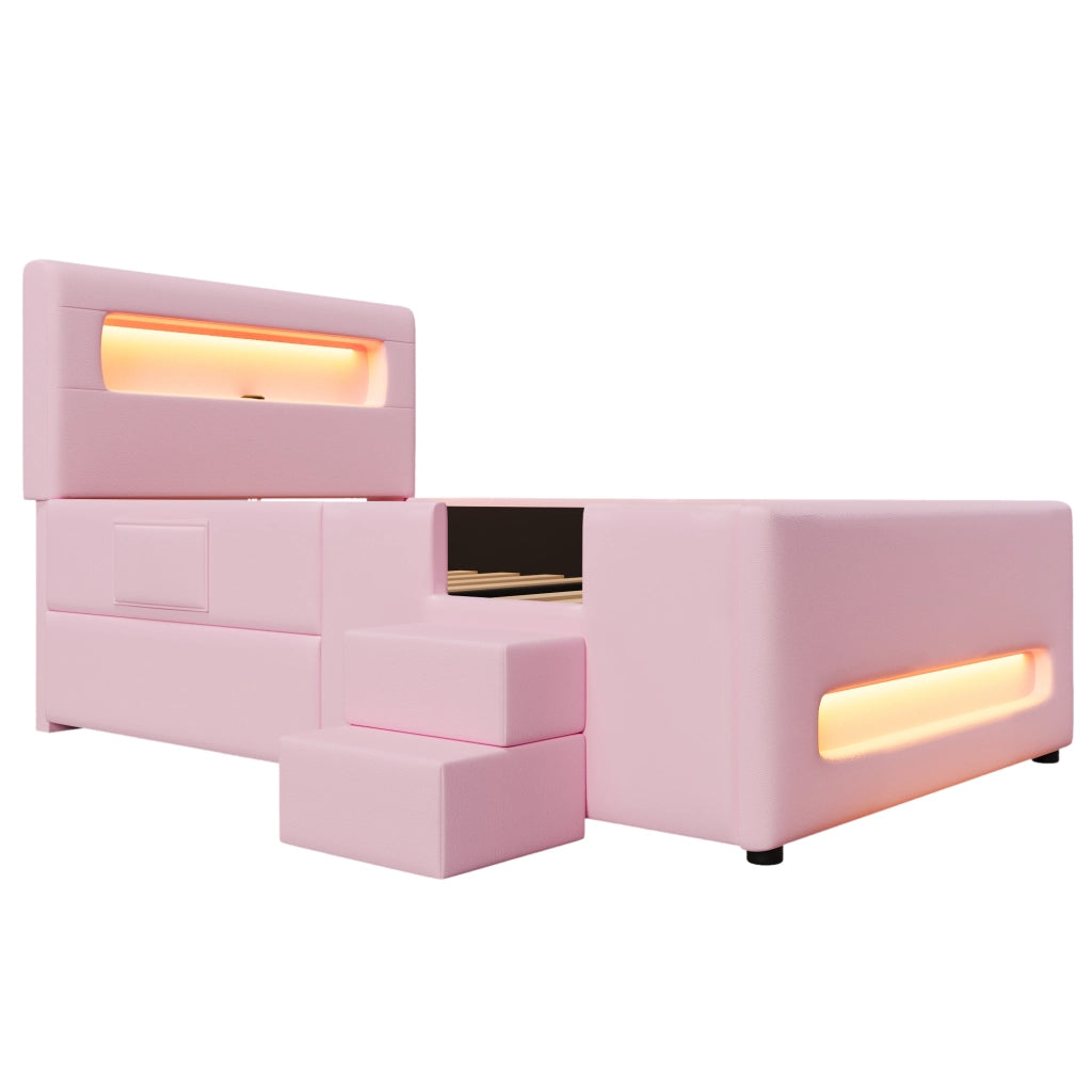 Letto a piattaforma imbottito 90x200 cm con LED; cassetto e rivestimento PU rosa