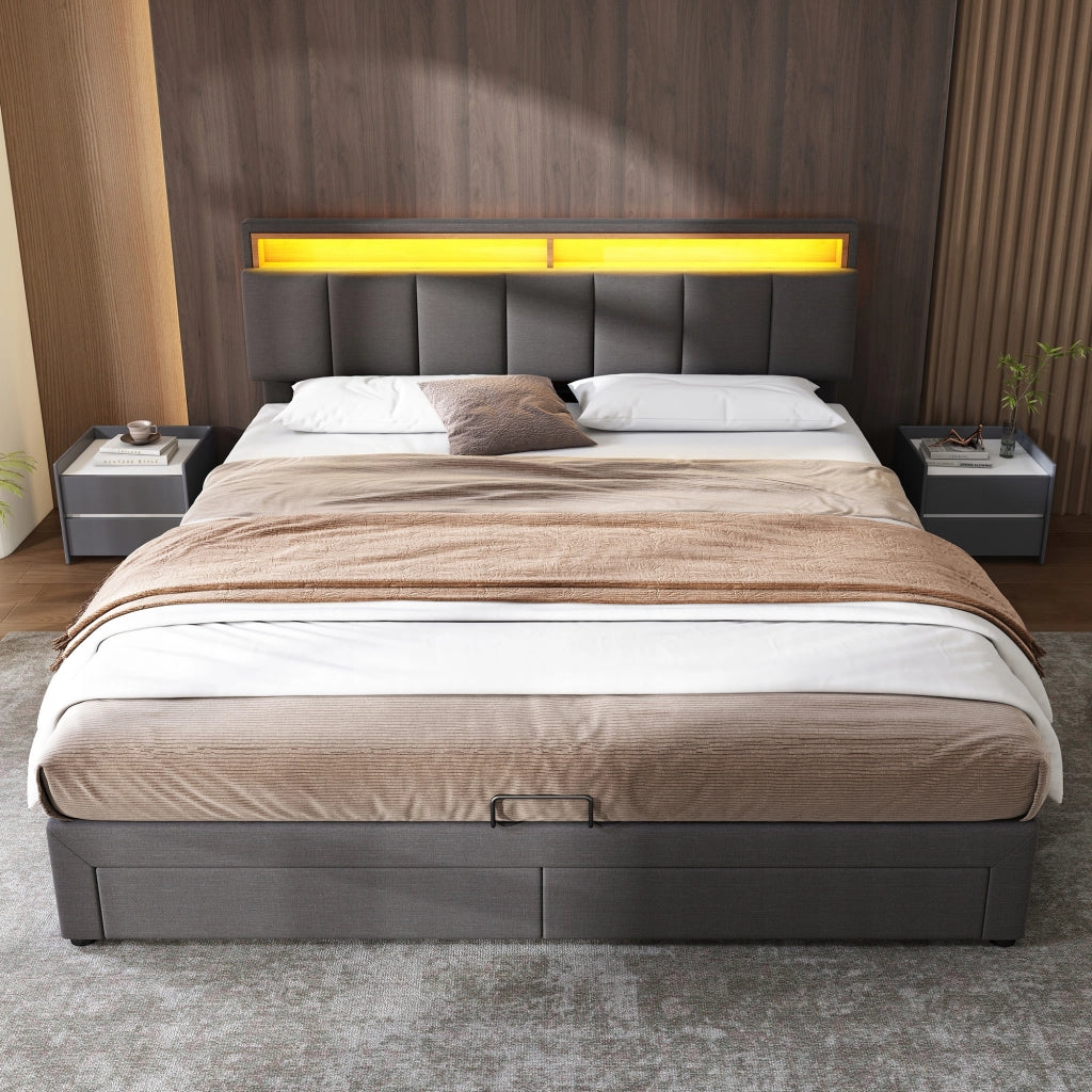 Letto 160x200cm - Xylo - Grigio, LED, Contenitore, Telaio in Acciaio