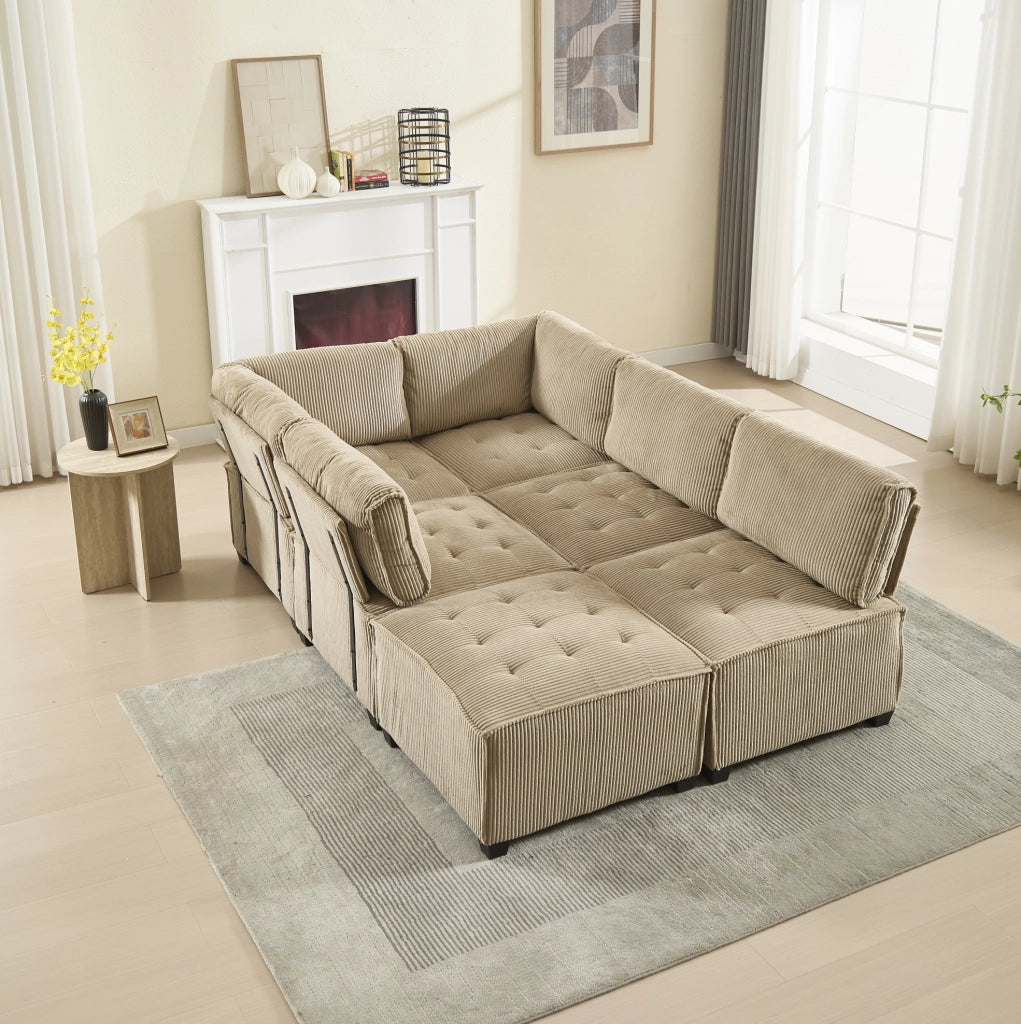 Divano modulare 6 posti in corduroy; configurazione U/L e funzione letto; khaki