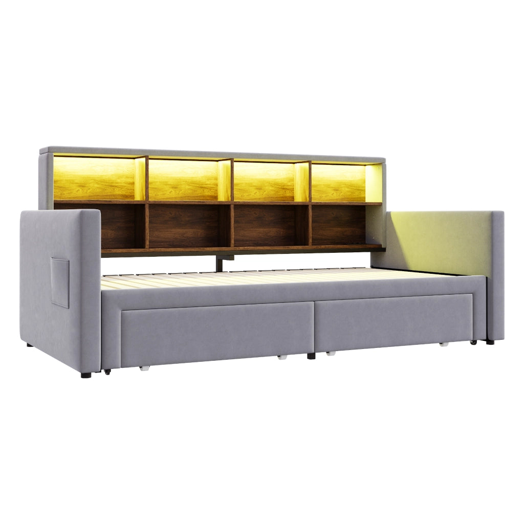 DESMIU Divano letto 90 × 190 cm 1 posto con letto estraibile, vani portaoggetti, LED, USB e Type C, senza materasso, velluto grigio chiaro