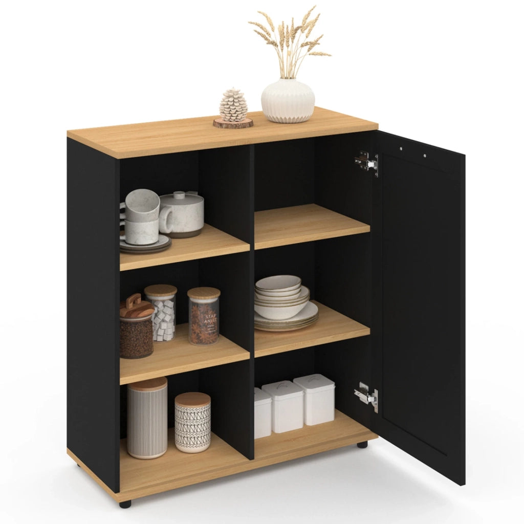IDMarket - Aparador VITO de 3 estantes con armario negro y tapa de madera de 70 cm