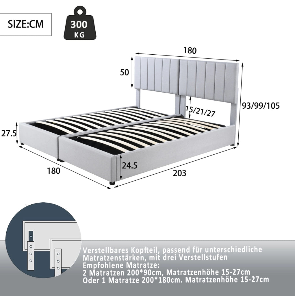 Letto matrimoniale imbottito 180x200 cm con contenitore idraulico; trasformabile in due letti singoli; grigio