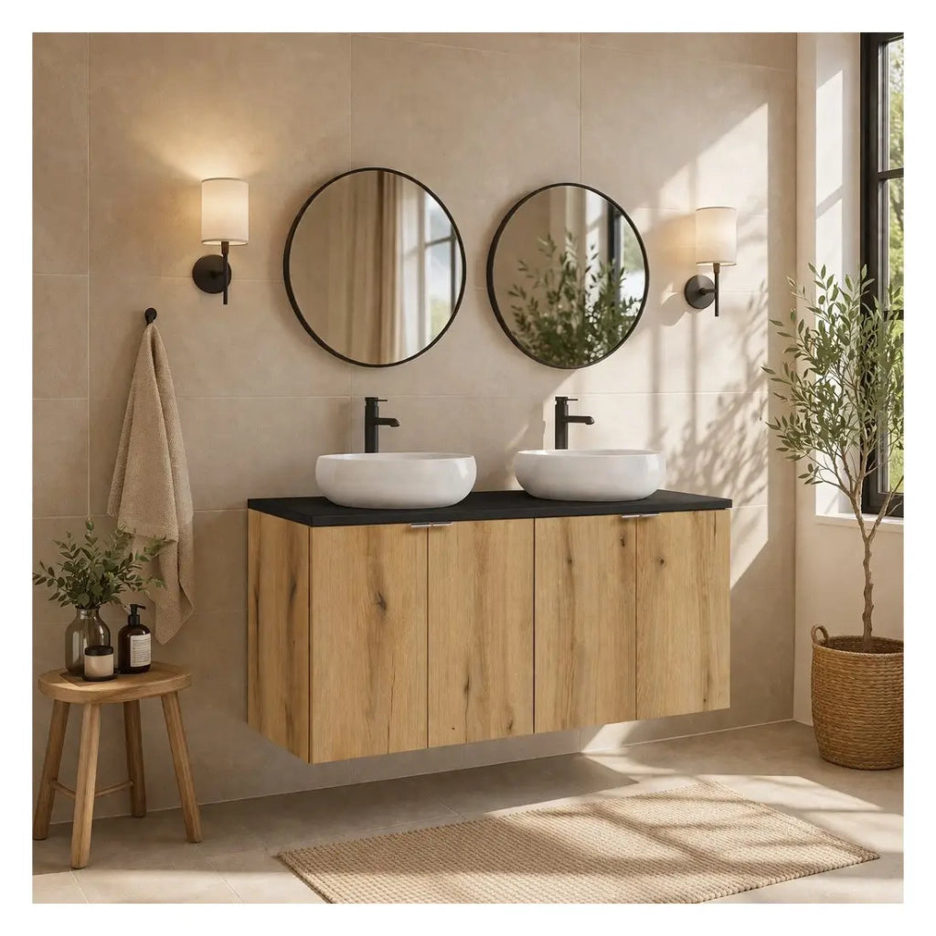 Set VANO in finitura rovere e nero 120cm: mobile sotto lavabo con ante + top per lavabo + lavabi da appoggio rotondi bianchi